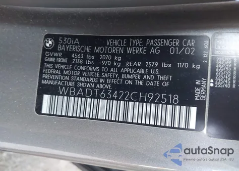 2002 BMW 530 I Automatic z USA, uszkodzony, nr VIN WBADT63422CH92518